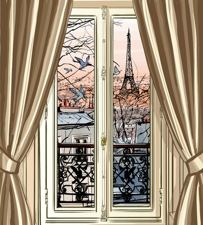 France, Paris - Window with Eiffel tower and roofs view  vector illustrationのイラスト素材