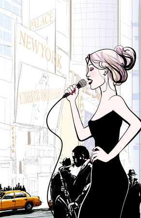 Jazz band and singer playing in New York - vector illustrationのイラスト素材