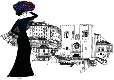 Portuguese woman with a basket of flower on her head - vector illustrationのイラスト素材