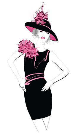 Fashion woman model with a black hat - vector illustrationのイラスト素材