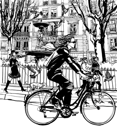 Riding bicycle in Paris - vector illustrationのイラスト素材
