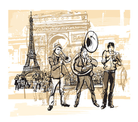 Musicians in front of Eiffel tower in Paris - vector illustrationのイラスト素材