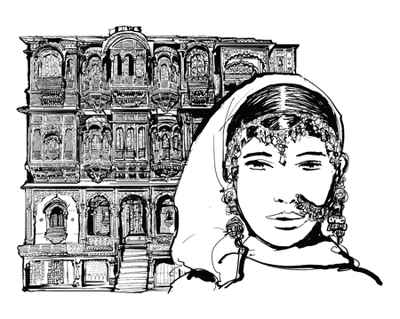 Facade of old house with balconies in Jodhpur, India - vector illustrationのイラスト素材