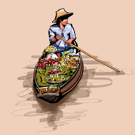 Boat in a floating market in Thailand - vector illustrationのイラスト素材