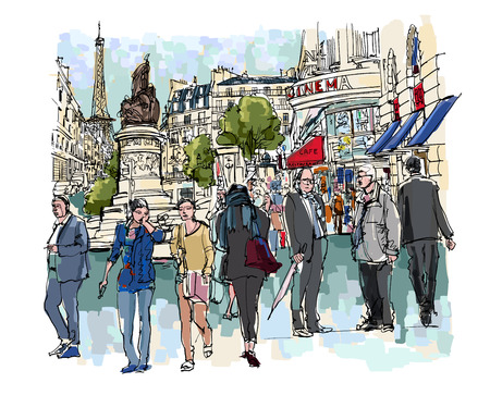 People in a street of Paris - vector illustrationのイラスト素材