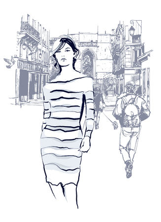Woman walking in Paris - vector illustrationのイラスト素材