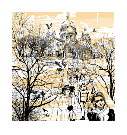 Basilica Sacre Coeur at Montmartre in Paris, France - vector illustrationのイラスト素材