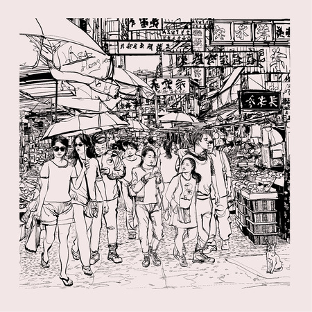 Hong Kong, people in a street - vector illustrationのイラスト素材