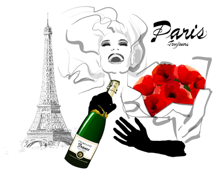 Happy woman traveling in Paris - vector illustration (totally fictitious)のイラスト素材