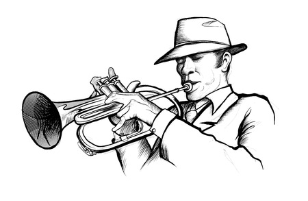 drawing of a musician playing trumpet - vector illustrationのイラスト素材