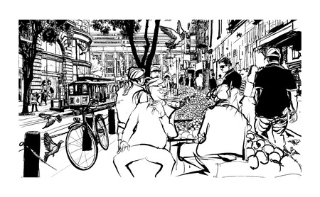 San Francisco, historic street and tramway - vector illustrationのイラスト素材