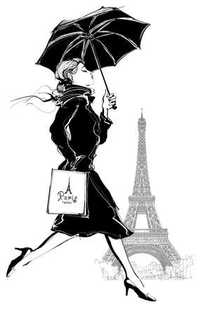 Woman with shopping bag walking under the rain in Paris - vector i;;ustrationのイラスト素材
