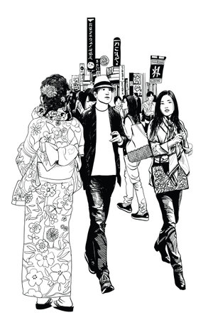 Pedestrians in a street of Tokyo - vector illustration (all sign and characters are fictitious)のイラスト素材