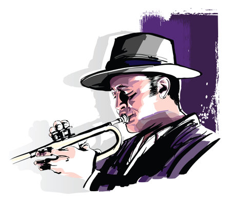 Trumpet player on grunge background - vector illustrationのイラスト素材