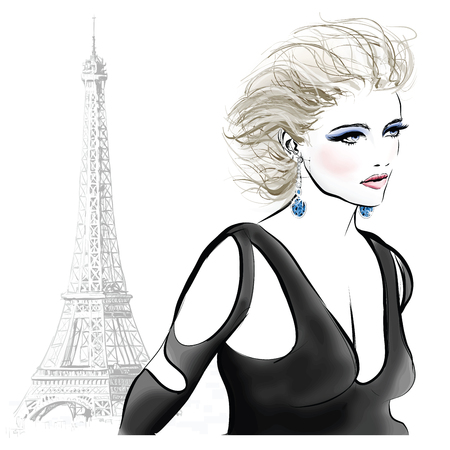 Beautiful fashion model near eiffel tower in Paris - vector illustrationのイラスト素材