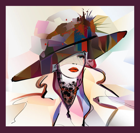 Woman with hat on colorful background - vector illustrationのイラスト素材