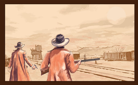 Cowboys with weapons in the wild west - vector illustrationのイラスト素材