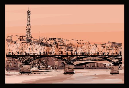 Pont des Arts in Paris - vector illustration (Ideal for printing on fabric or paper, poster or wallpaper, house decoration)のイラスト素材