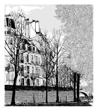 Ile Saint Louis in Paris, France - vector illustration (Ideal for printing on fabric or paper, poster or wallpaper, house decoration)のイラスト素材