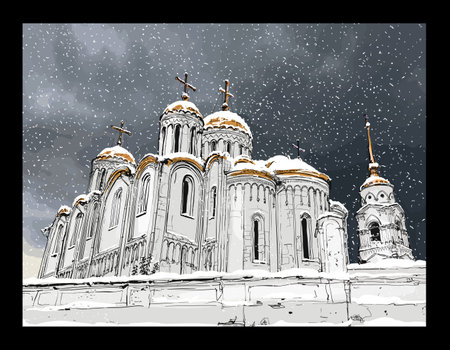 Dormition Cathedral, Vladimir in a cold winter. Russia - vector illustration (Ideal for printing on fabric or paper, poster or wallpaper, house decoration)のイラスト素材