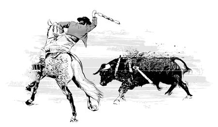 Bullfighter on horse with bull during corrida in Portugal - vector illustration (Ideal for printing on fabric or paper, poster or wallpaper, house decoration)のイラスト素材