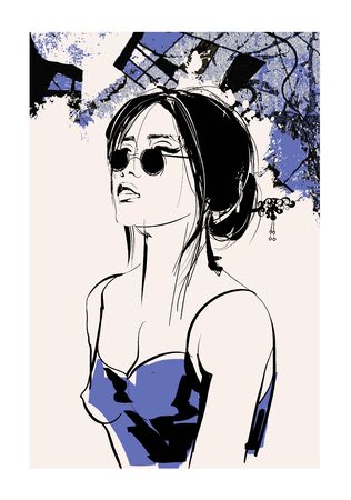 Young pretty asian woman with sunglasses - Vector illustrationのイラスト素材