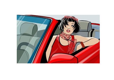 Attractive young woman posing in a convertible car - vector illustration (Ideal for printing on fabric or paper, poster or wallpaper, house decoration)のイラスト素材