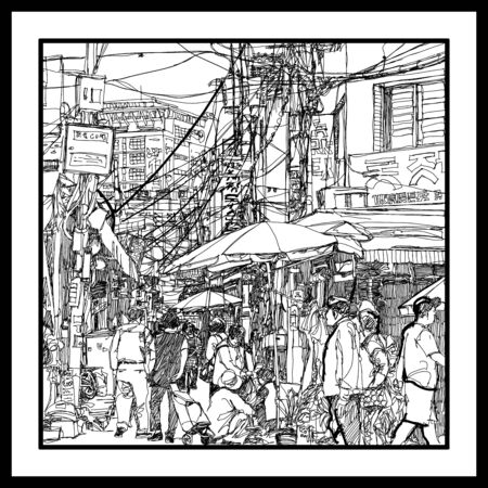 Street in Seoul South Korea - vector illustration  (Ideal for printing on fabric or paper, poster or wallpaper, house decoration) all korean characters are fictitiousのイラスト素材