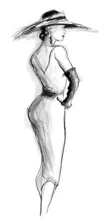 Woman fashion model with large hat and black gloves- vector illustrationのイラスト素材