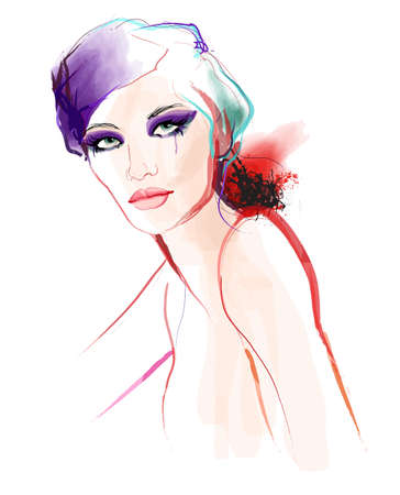 Portrait of a beautiful young sexy woman in watercolor style - vector illustrationのイラスト素材