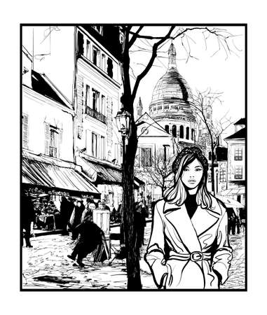 Paris, woman walking in Montmartre - vector illustrationのイラスト素材