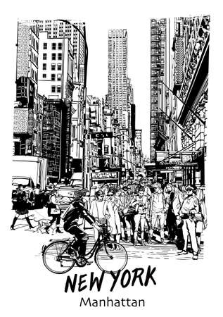 Traffic at a big crossroads in the center of New York. Cars and pedestrians at an intersection in 5th Avenue. - vector illustrationのイラスト素材