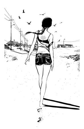 Girl with tattoo and braid walking to the beach - vector illustrationのイラスト素材