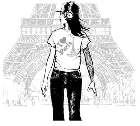 Girl with tattoo, cap and headphones walking near Eiffel tower in Paris - vector illustrationのイラスト素材