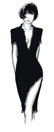 Fashion woman model in a sexy black dress  - vector illustrationのイラスト素材