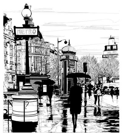 Paris street under rain - vector illustrationの写真素材