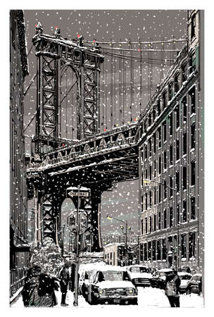 View of Manhattan Bridge from brooklyn under snow - vector illustration (Ideal for printing on fabric or paper, poster or wallpaper, house decoration)のイラスト素材