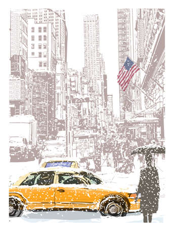 View of Manhattan under snow - vector illustration (Ideal for printing on fabric or paper, poster or wallpaper, house decoration)のイラスト素材