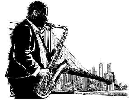 Saxophone player at Historic Brooklyn Bridge - vector illustration (Ideal for printing on fabric or paper, poster or wallpaper, house decoration)のイラスト素材