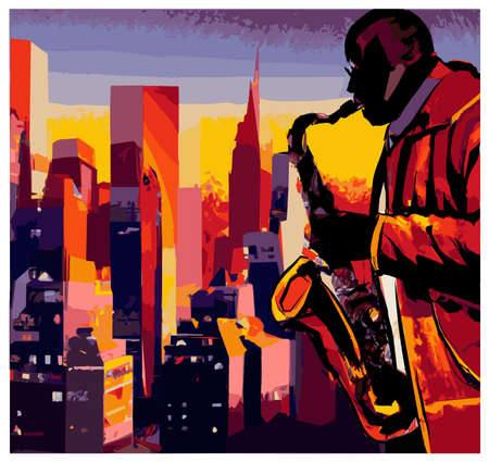 Jazz saxophonist in New York - vector illustration (Ideal for printing on fabric or paper, poster or wallpaper, house decoration)のイラスト素材