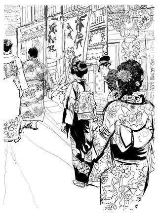 Japan, street in japan with people in traditional clothing - vector illustration  (japanese caracters are fake - no meaning)  (Ideal for printing, poster or wallpaper, house decoration)のイラスト素材