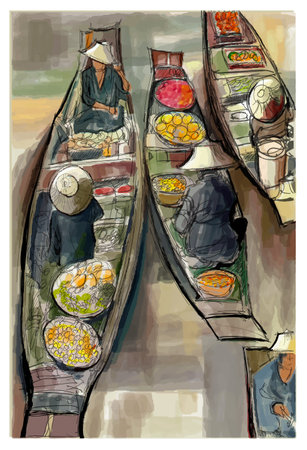 Boats in a floating market in Thailand - vector illustrationのイラスト素材