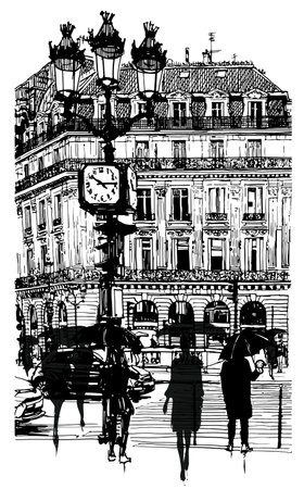 People with umbrellas in the streets on a rainy day in Paris, France - vector illustration (Ideal for printing, poster or wallpaper, house decoration)のイラスト素材