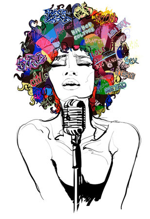 Original abstract art contemporary digital portrait of a woman singing in a vintage microphone,  perfect for interior design, page decoration, web and other: vector illustrationのイラスト素材