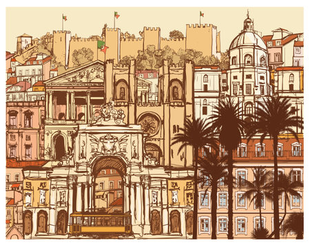 Original and Colorful representation of Lisbon in Portugal - vector illustration (Ideal for printing, poster or wallpaper, house decoration)の写真素材