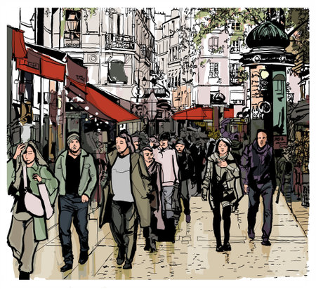 People walking in a street of Paris - vector illustrationのイラスト素材