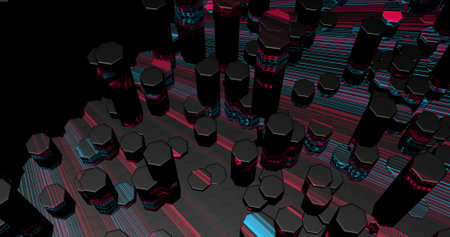 dark background with retractable hexagonal sci-fi 3d tiles columns