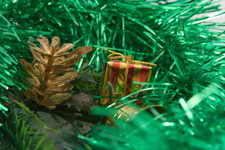 Christmas ornaments. branch, box, handbell.の写真素材