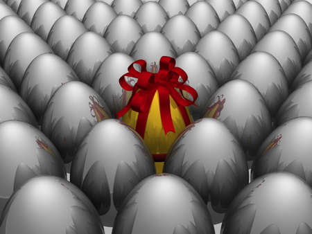 One gold egg among metal. 3D image.の写真素材