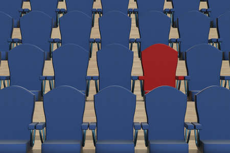 Rows of dark blue armchairs and one red. 3D image.の写真素材